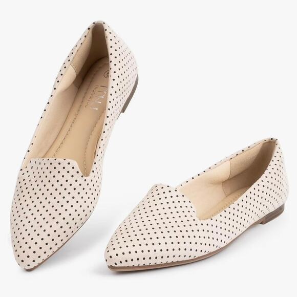 MUSSHOE Flat Shoes‎ Women's Comfortable Slip on Flats Beige Polka Dot - Picture 1 of 3
